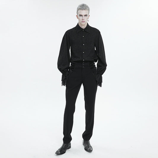 A person with silver hair stands against a white background, wearing a black Maramalive™ Men's Ruffled Gothic Long Sleeved Shirt and black pants, paired with black shoes.