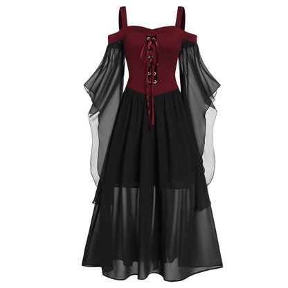 Bodice Dress, Bat Sleeves, Lace Up Front Straps Red Black