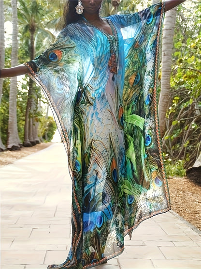 Peacock Print Loose Oversized Dress, Vacation Short Sleeve Maxi Beach Vacation Dress, Women's Clothing