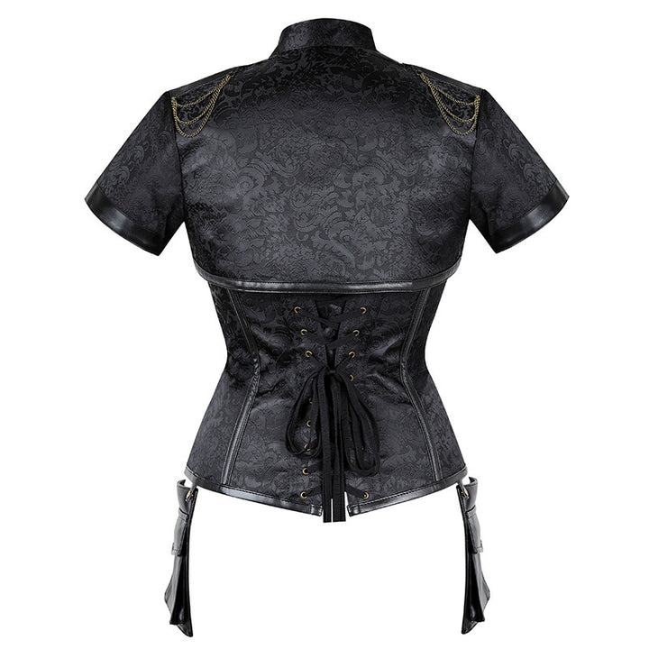 A Maramalive™ Dark Duchess: Retro Punk Cape Steel Court Corset Zip Gothic women's red and black corset.