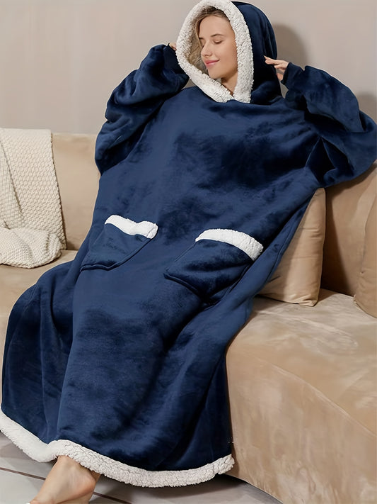 Plus Size Casual Loungewear Robe, Women's Plus Long Sleeve Oversized Flannel Hooded Wearable Fleece Blanket With Pockets