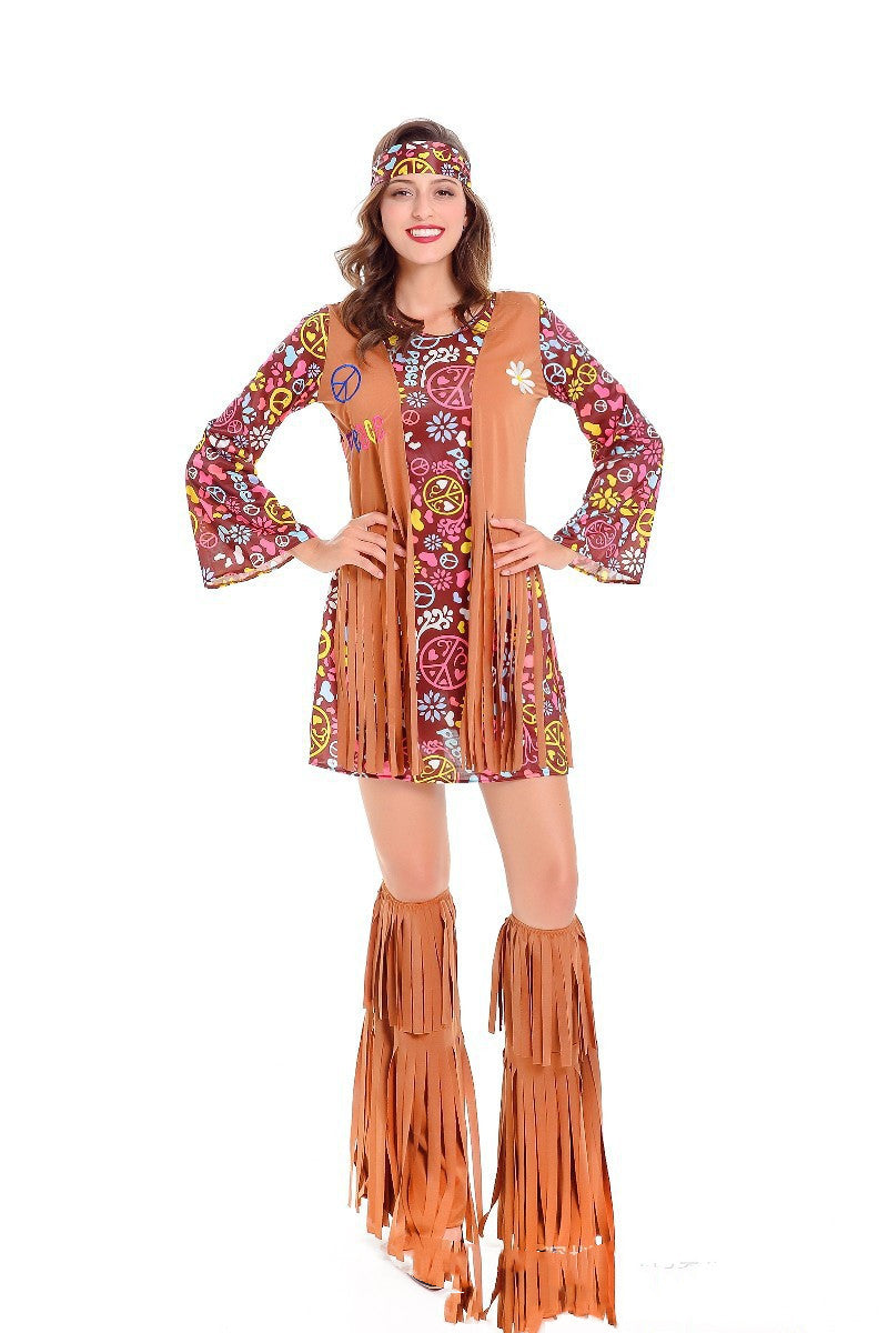 A woman in a floral Women's Fringed Hippie Costume Retro Maramalive™ posing for a photo.