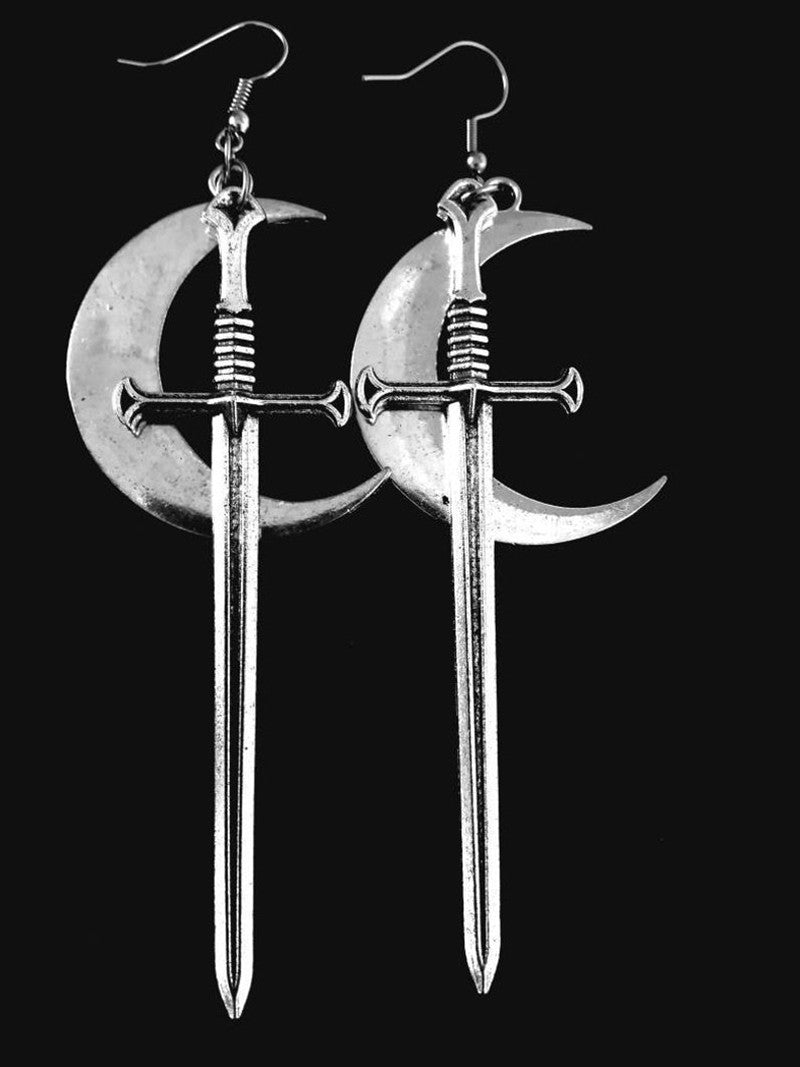 A pair of Gothic Sword Earrings with a sword and a crescent by Maramalive™.