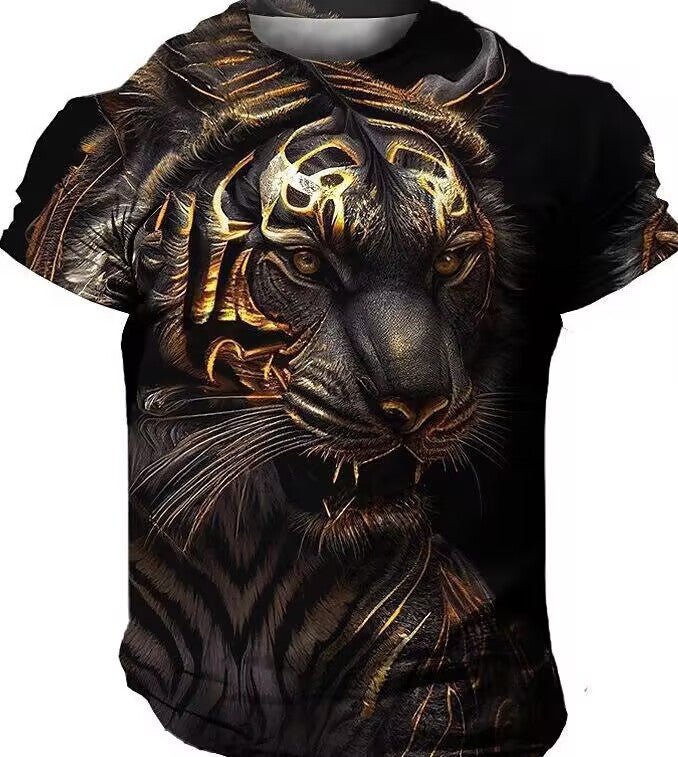 A 3D Printed Men's Crew Neck Casual T-shirt from Maramalive™ featuring a detailed artistic print of a tiger's face, created with advanced digital printing techniques, showcasing golden and black hues to highlight the fur and facial features.