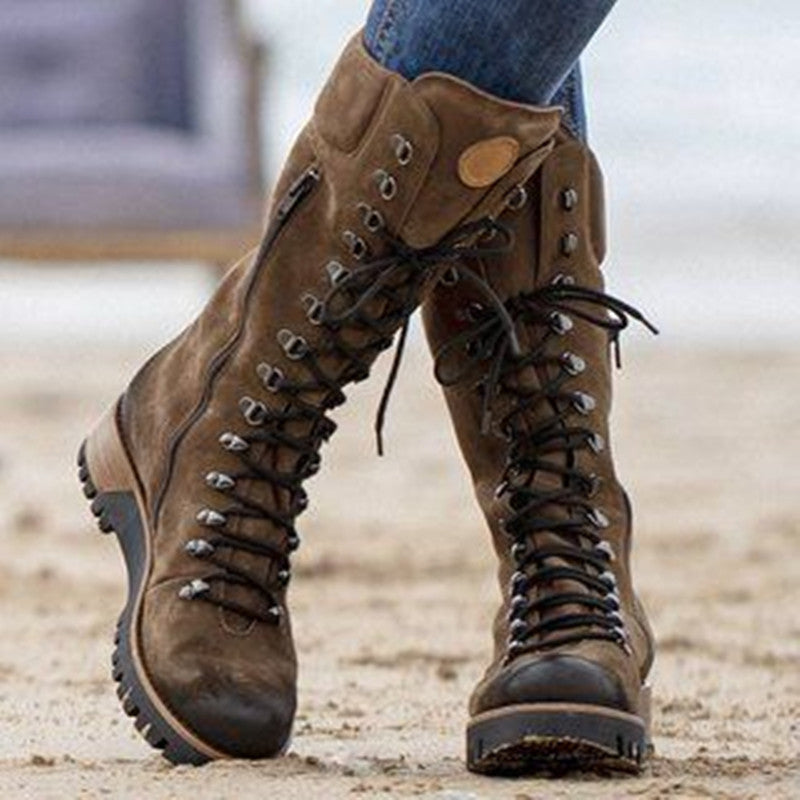 Lace-Up Combat Boot Winter Cowboy Western Boots Women Vintage Platform Shoes