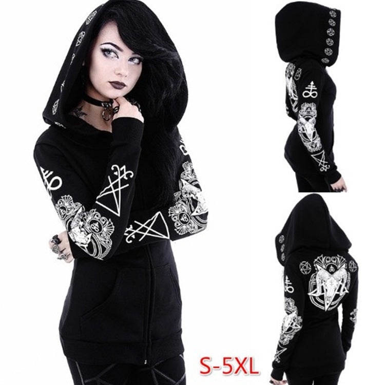 A rebellious woman donning a Wicked Wonder Hoodie - Gothic Punk Print Hoodies Sweatshirts Women Long Sleeve in her punk rock dream. (Brand: Maramalive™)
