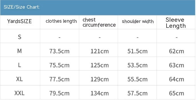A size chart with measurements in centimeters for sizes M to XXL for the Maramalive™ Men's Dark Color Graffiti Printing Long-sleeved T-shirt. Categories include yard size, clothes length, chest circumference, shoulder width, and sleeve length for long-sleeved items made of cotton fabric.