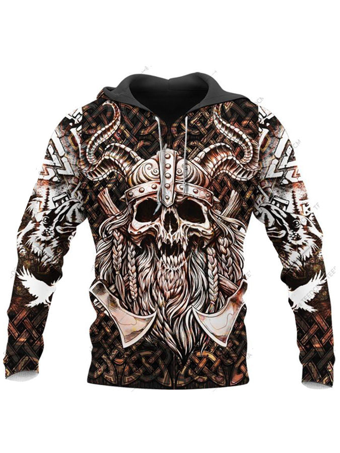 A Maramalive™ Men's Hoodie 3D Digital Printing Hoodie featuring a detailed design of a Viking skull with horns and braided beard, flanked by two white tigers on either side, crafted from high-quality polyester for lasting comfort.
