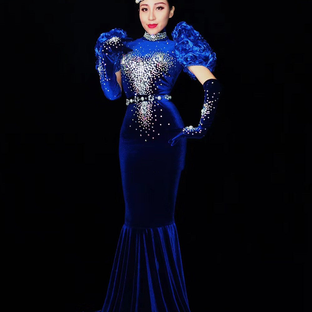 Woman wearing Electric Blue Fishtail Puffy Sleeve Dress by Maramalive™ posing for a photo.