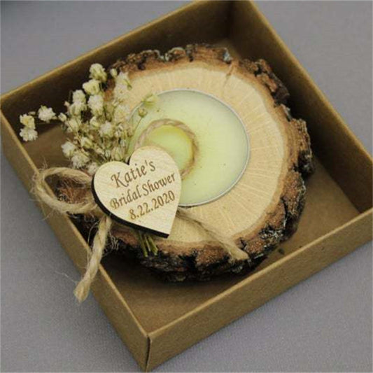 A wooden box with a Maramalive™ Wedding Decoration Supplies Scented Candles Souvenirs Engraved Name wood candle.