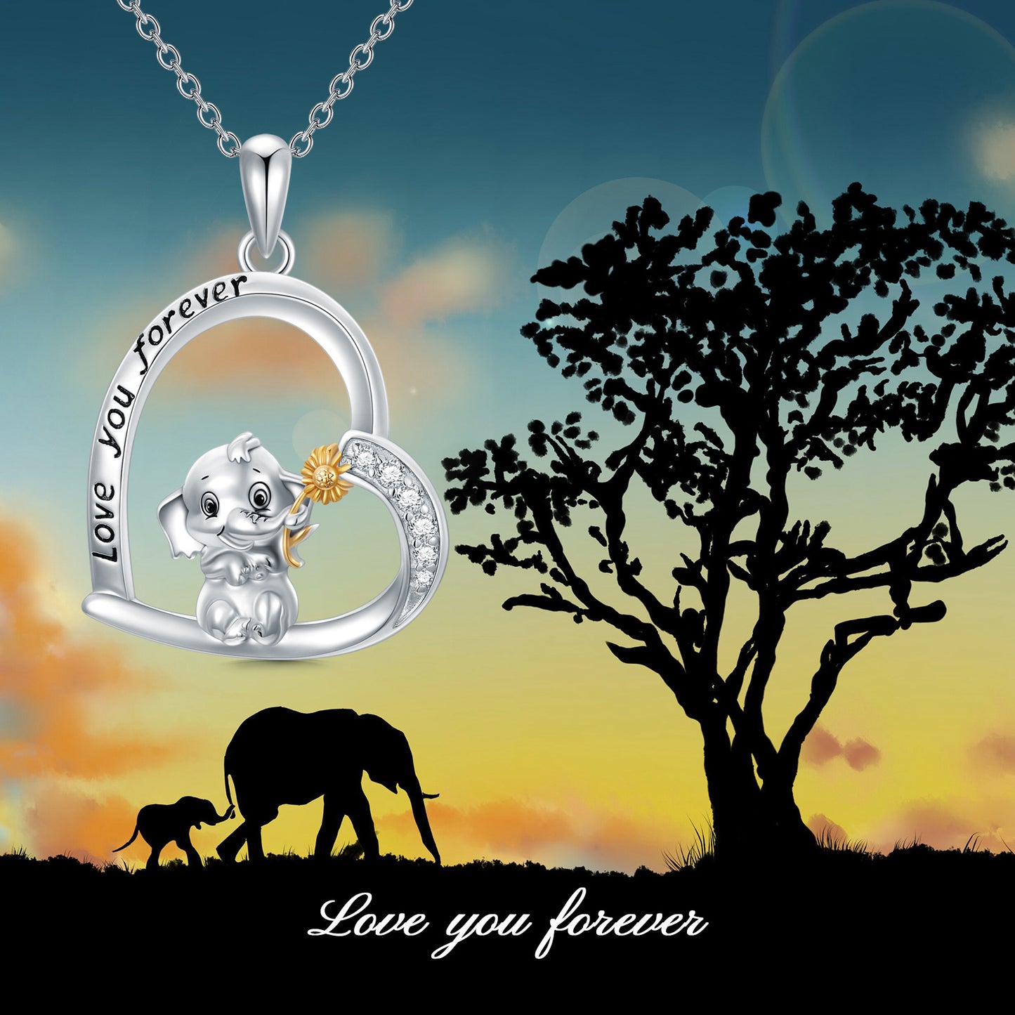 A Maramalive™ Elephant Necklace 925 Sterling Silver Love You forever Elephant Sunflower Pendant Jewelry Gifts for Women Girls with the words love you forever.