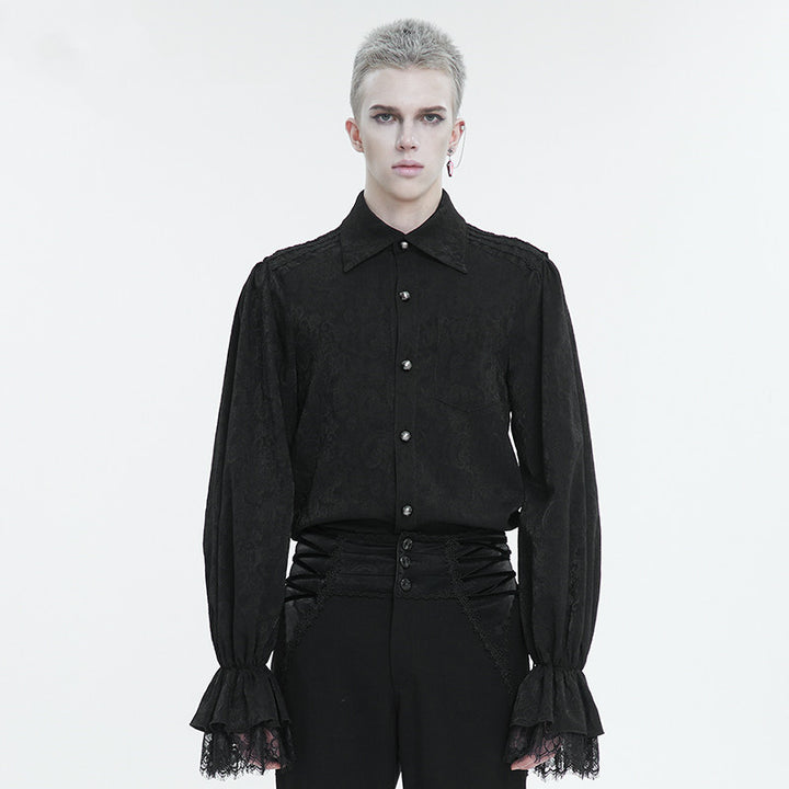 Person with a short, light-colored hairstyle wearing a Maramalive™ Men's Ruffled Gothic Long Sleeved Shirt paired with high-waisted black pants. The outfit is set against a plain white background.