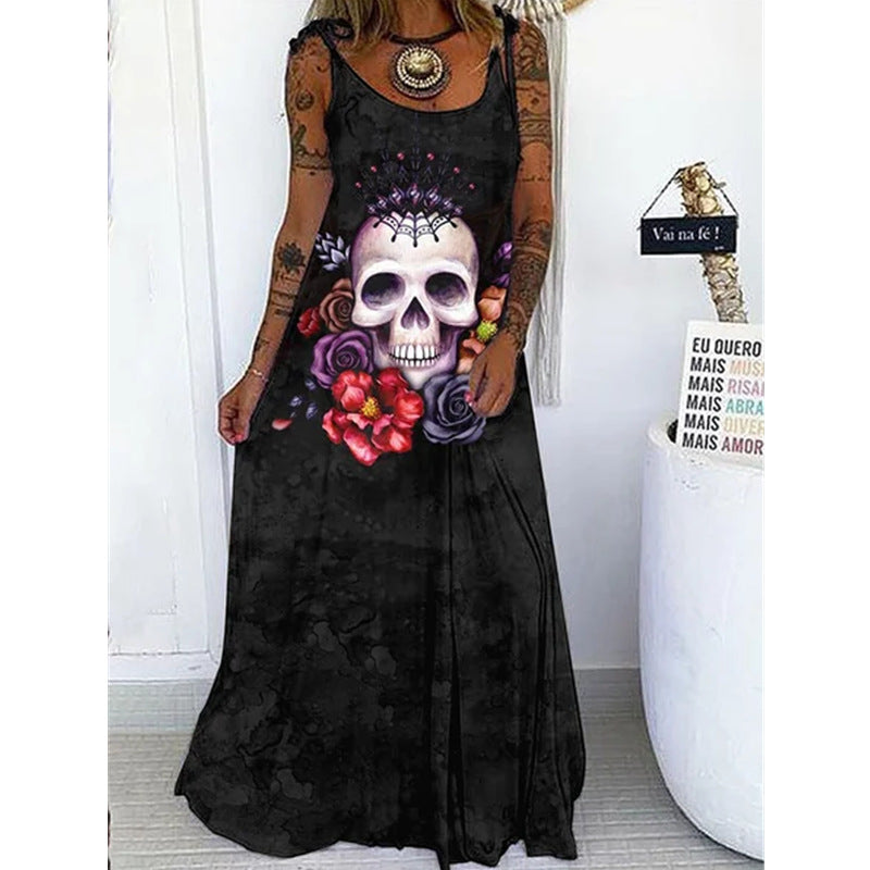 A rebellious fashionista wearing a Maramalive™ Edgy Elegance - Punk Skull Print Loose Plus Size Lace-up Dress with roses on it.