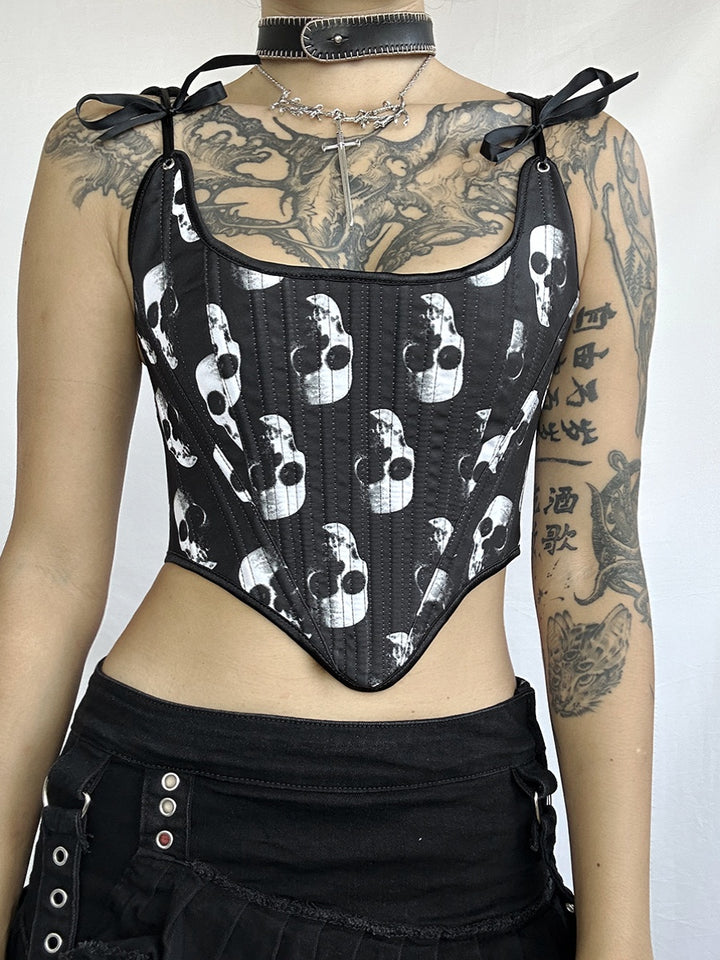 Person wearing a black Exclusive Dark Gothic Punk Corset tie Designs Unveiled by Maramalive™ with white skull print, accessorized with a choker and chain necklace, and a black skirt with metal buttons.