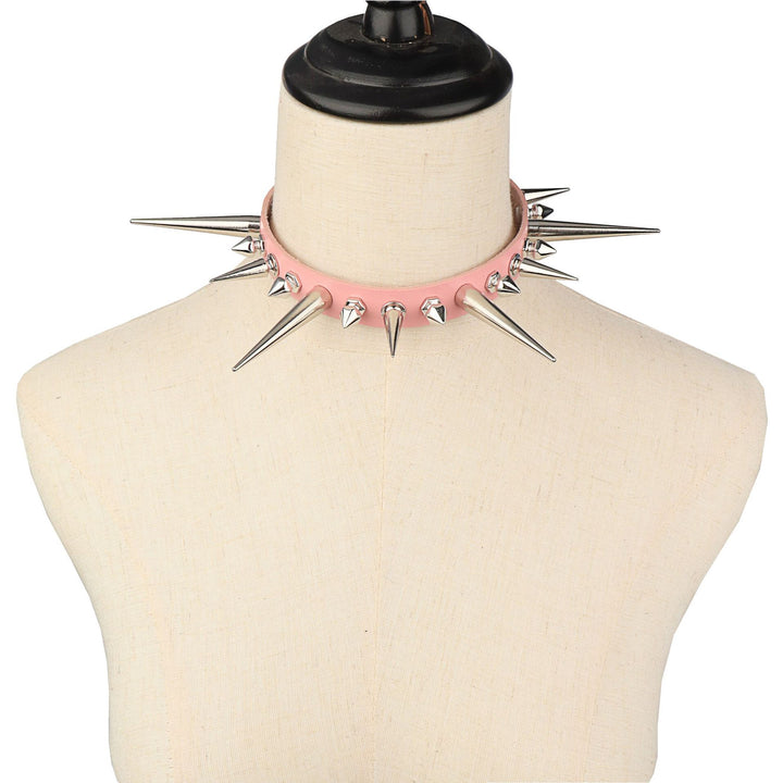 A Maramalive™ punk mannequin wearing a Punk Gothic Long And Short Rivet Spike Leather Collar Leather Necklace.