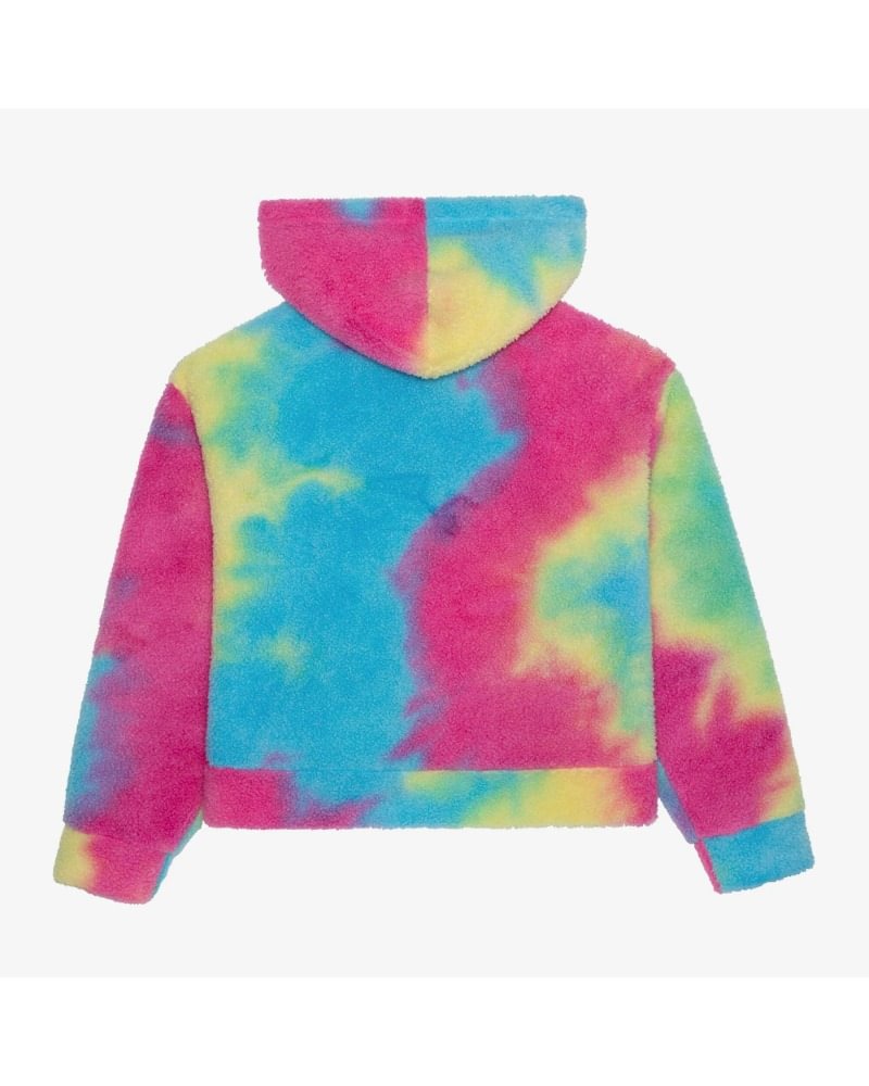 Back view of a multicolored Lamb Velvet Lazy Style Loose Tie Dyed Hoodie by Maramalive™, featuring vibrant shades of pink, blue, yellow, and green.