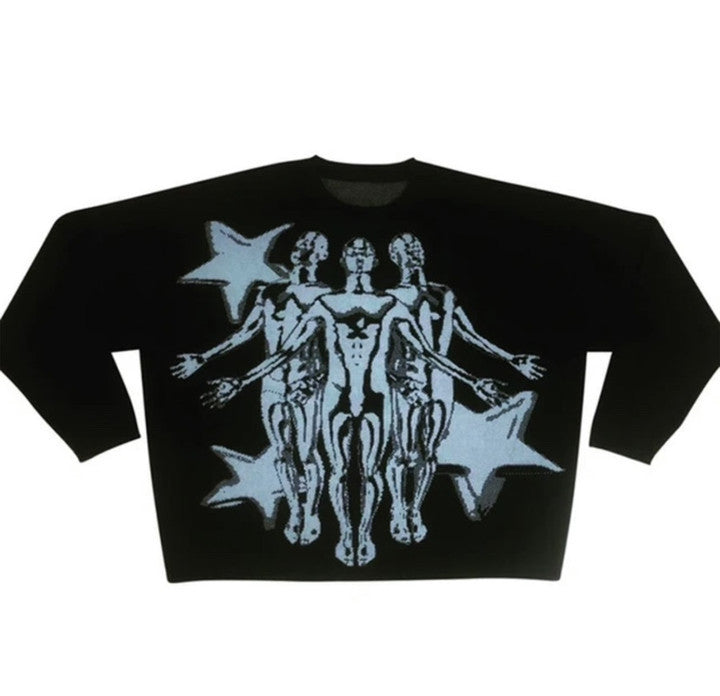 Black sweatshirt with a graphic design of three stylized, overlapping human figures in white, set against a background of white stars. This Maramalive™ Cozy Anime Couples: Loose Sweaters for Relaxed Duos is perfect for those who appreciate unique and artistic apparel.