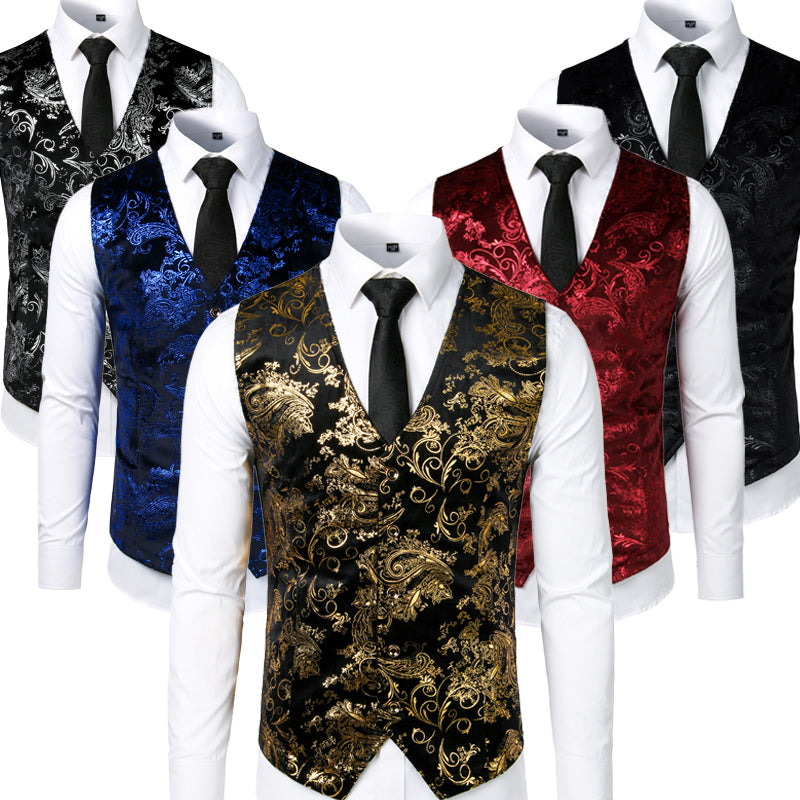Steampunk Gold Vest for Grooms Mannequin wearing the vest gold on Black with a white shirt and Black Tie, collage colors 