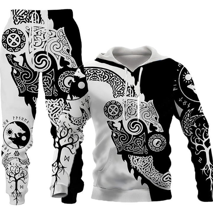 A black and white Hooded Tracksuit with Three-dimensional Art by Maramalive™ features intricate Viking-inspired designs, including symbols and patterns, with contrasting colors split vertically, creating a striking three-dimensional art effect.