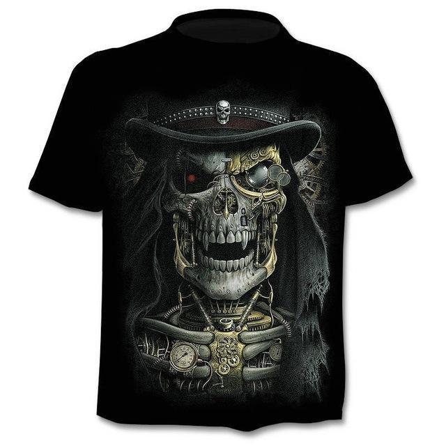 A Maramalive™ Punk Rock Rebellion T-shirt Men Punk Style Top Tees Skull Gothic with an image of a skeleton wearing a hat, perfect for Halloween costumes.