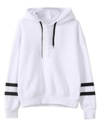 White hoodie with black drawstrings, crafted from soft fleece fabric for a cozy and comfortable feel. The Cozy Loose Fit Hoodies for Snug, Comfortable Warmth by Maramalive™ features two black stripes on each sleeve and offers a relaxed fit perfect for everyday wear.