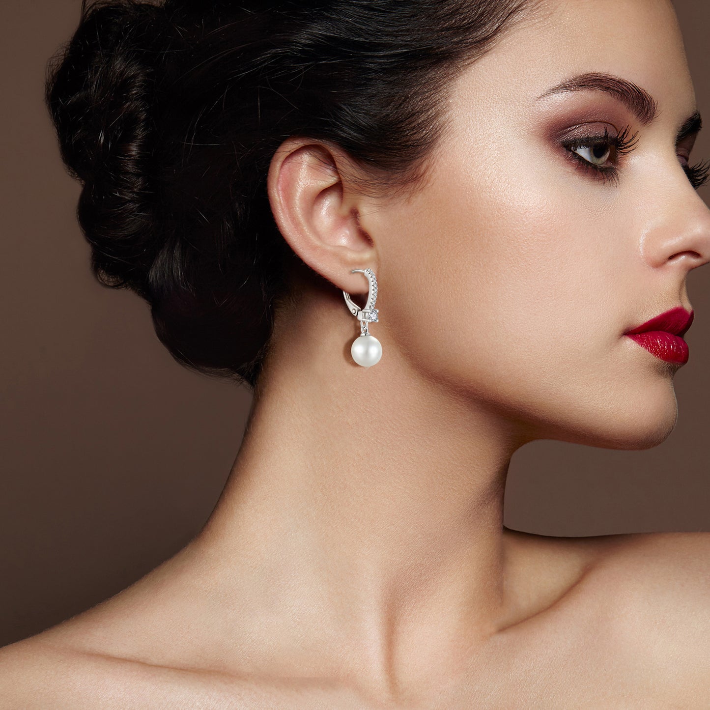A woman wearing Maramalive™ SERIOUSLY I WILL DIE WITHOUT THESE Vintage Elegant Silver Pearl Zircon Earrings and red lipstick.