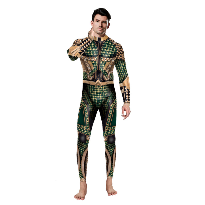 Man standing in a detailed, green and gold, patterned bodysuit reminiscent of superhero or fantasy attire created with digital printing technology; barefoot with a neutral expression wearing Maramalive™ Digital Halloween Costume Leggings - Spooky Tights.