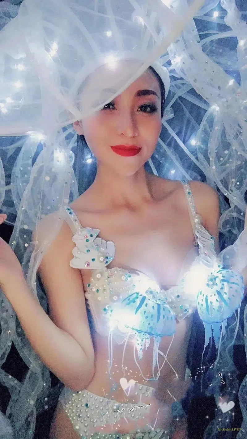 bar GOGO stage DS set Performance costume LED luminous jellyfish hat luminous bikini set