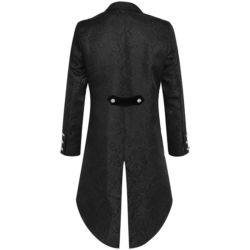 Maramalive™ Men's Retro Gothic Style Swallowtail Mid-length Jacquard Blazer with a patterned texture, back view. Features a split tail and decorative buttons on the sleeves and back, perfect for neutral clothing or stage wear.