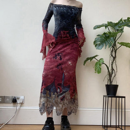 Dark Goth Style Retro Multicolor Printing Irregular Mesh Long Dress