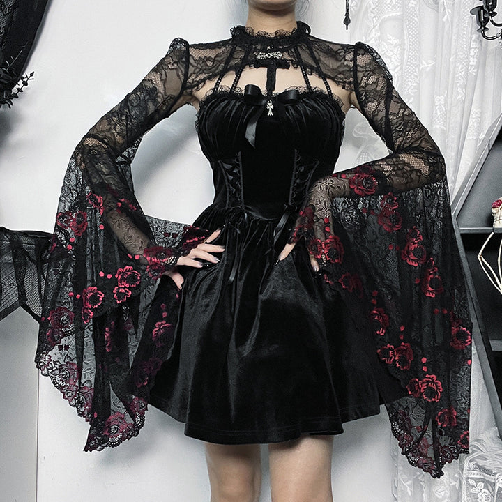 A person wearing an Edgy Gothic Blouse - Shop Dark Goth Style Top for Women by Maramalive™ stands in an ornate room.