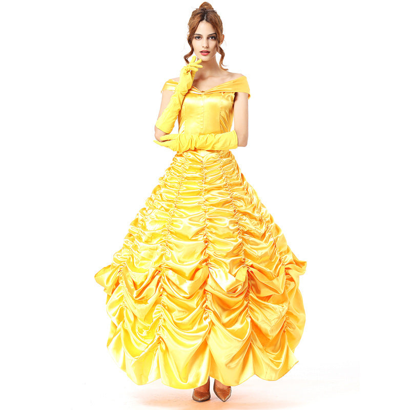 A woman in a yellow Maramalive™ Fancy Dress Ball Costume Halloween Costume.
