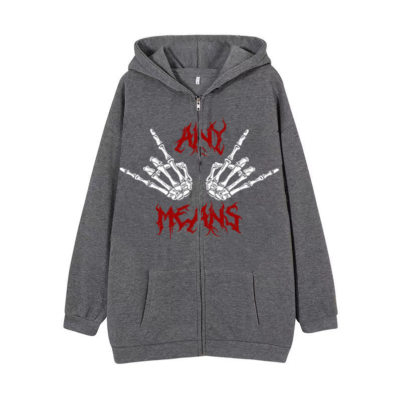 Gray zip-up hoodie with a graphic of skeleton hands forming the "rock on" gesture and the words "RNG MEANS" in red text on the front. Made from soft cotton, the Dark Zipper Men's Sweatshirt Punk Hand Bone Print Hoodie by Maramalive™ offers comfort and edgy style in one cool package.