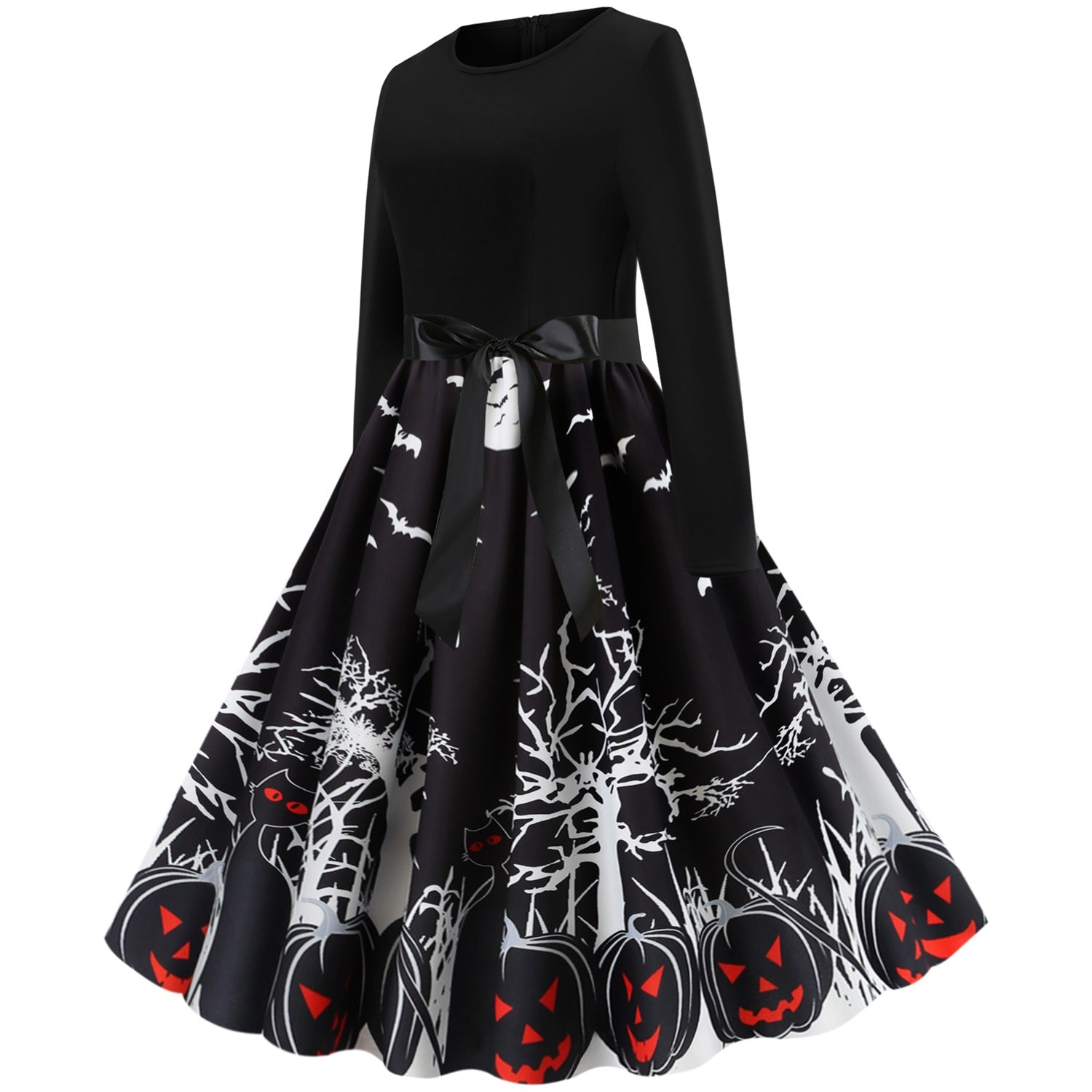 A Maramalive™ Halloween Retro Floral Print Swing Dress with pumpkins on it.