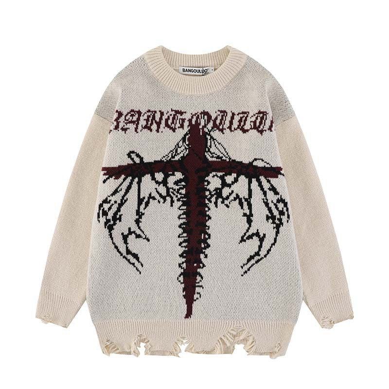 American-style Vintage Cross Jacquard Round Neck Loose Sweater Dark Crocheted Broken Sweater