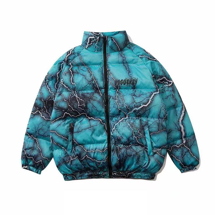 A teal and black marble-patterned puffer jacket with a front zipper and elastic cuffs, showcasing the word "motive" on the chest. This Maramalive™ Oversized Hip Hop Coat - Loose Fitting Urban Streetwear features an oversized fit for added style and comfort.