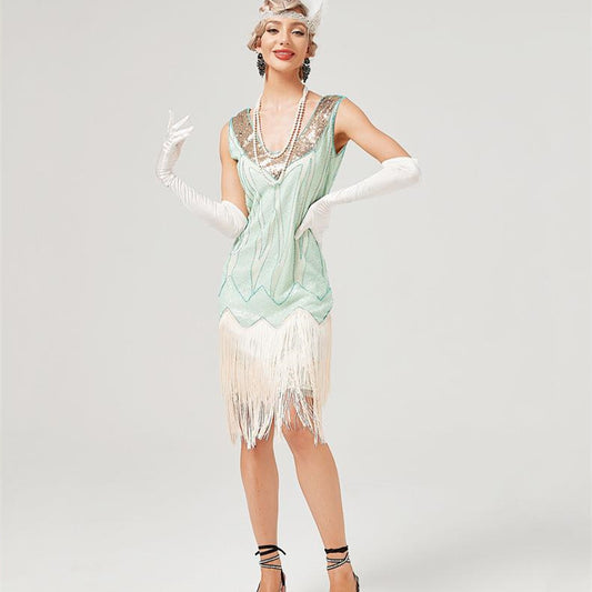 Retro V-neck Double-layered Tassel Gatsby Cocktail Ball Sequin Bead Dress