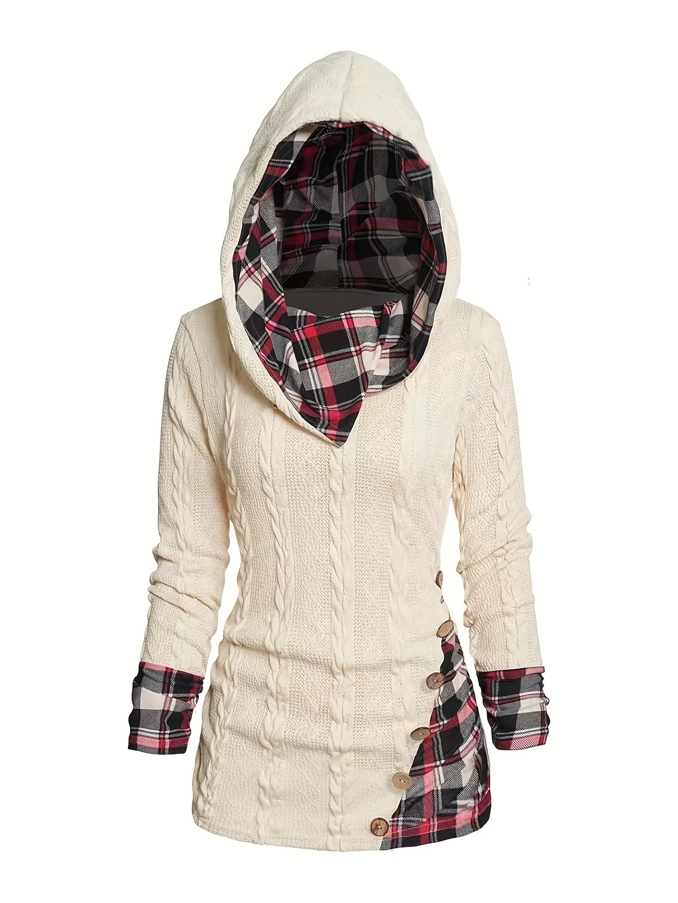 Maramalive™ Plus Size Casual Top, Women's Plus Colorblock Plaid Print Cable Button Decor Long Sleeve Hoodie with a plaid-lined hood, gingham pattern accents on cuffs and side, and button detail along the side. This casual style piece is crafted from cozy polyester for added comfort.