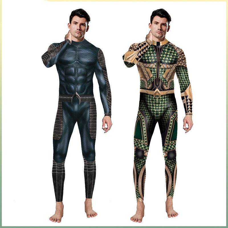 Two men dressed in vibrant, detailed superhero costumes stand barefoot against a white background. The man on the left wears a blue and black suit, while the man on the right sports a green and gold outfit, both featuring intricate digital printing that brings their Maramalive™ Digital Halloween Costume Leggings - Spooky Tights to life.