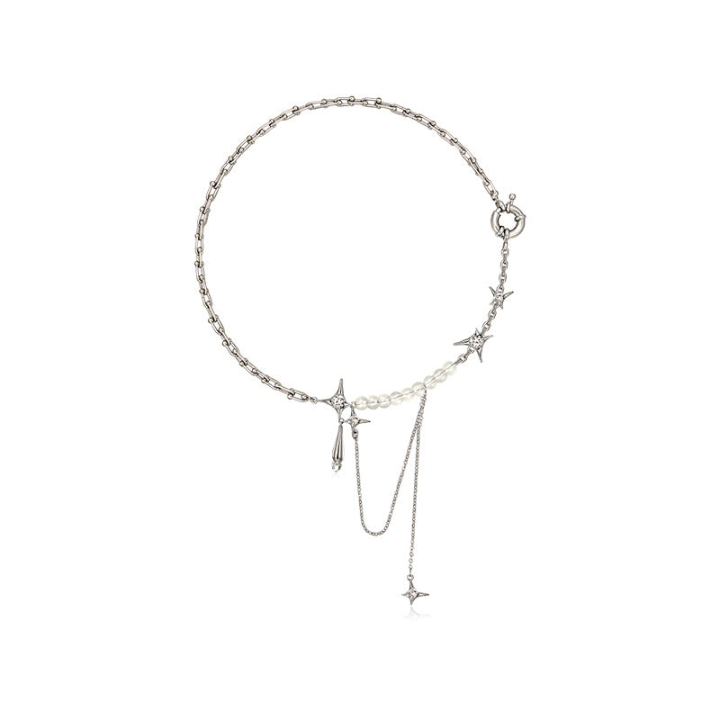 A woman wearing a Maramalive™ Diamond Star Awn Water Drop Pendant Clavicle Necklace Fashion charm.