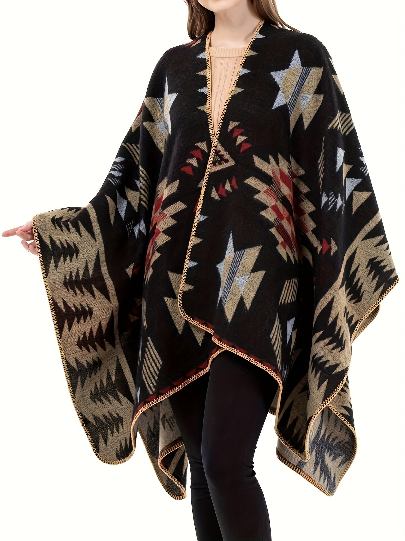 Plus Size Boho Coat, Women's Plus Aztec Print Batwing Sleeve Open Front Asymmetric Hem Shawl Cape Coat