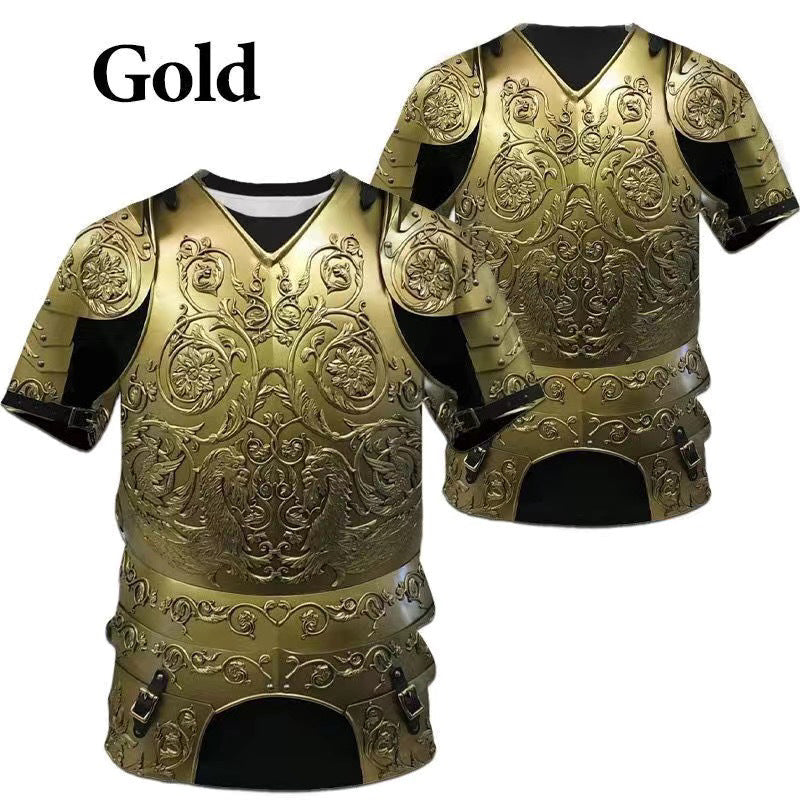 Two gold-colored Maramalive™ 3D Printed Men's Crew Neck Casual T-shirts designed to resemble ornate medieval armor with detailed engravings, made from durable Polyester Fiber. The shirts have black fabric underneath the digitally printed armor design.