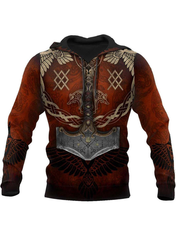 Maramalive™ Men's Hoodie 3D Digital Printing Hoodie featuring ornate patterns, including wings, shield, and knotwork designs, primarily in shades of brown, red, and black. Crafted from durable polyester fabric through meticulous printing and dyeing techniques, it comes complete with a cozy hood and long sleeves.