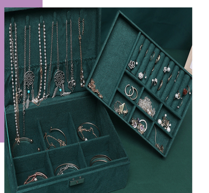 A Double Suede Black Green Maramalive™ jewelry box with a lot of Maramalive™ jewelry in it.