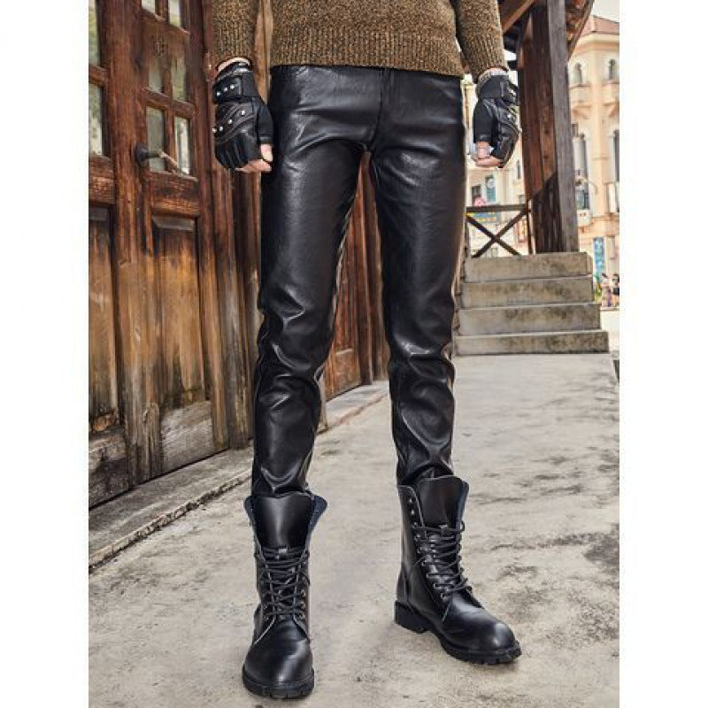 A man wearing Maramalive™ New Arrival Vegan-Friendly Leather Retro Slim Fit Biker Pants and gloves.