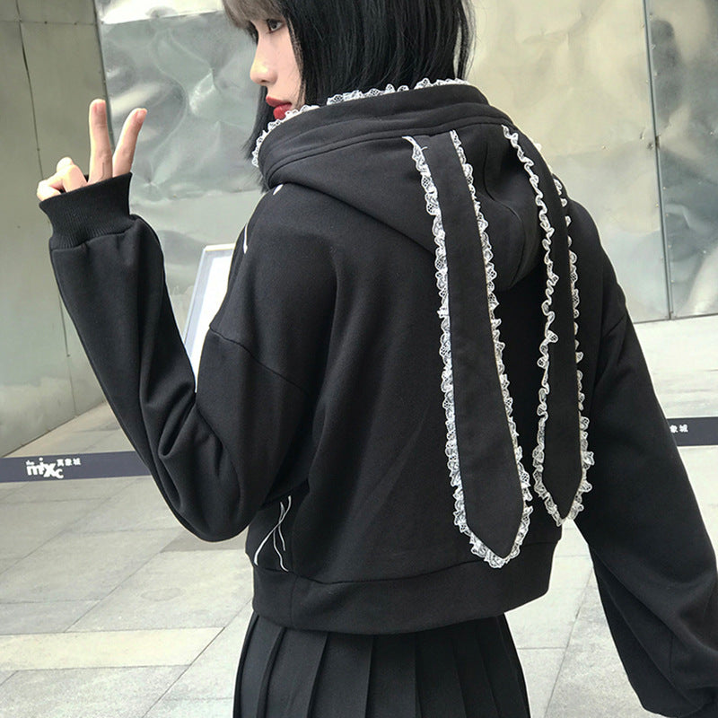 A gothic girl wearing a Maramalive™ Sports And Leisure Printing Street Hooded Top Gothic Sailor Moon Sweater.