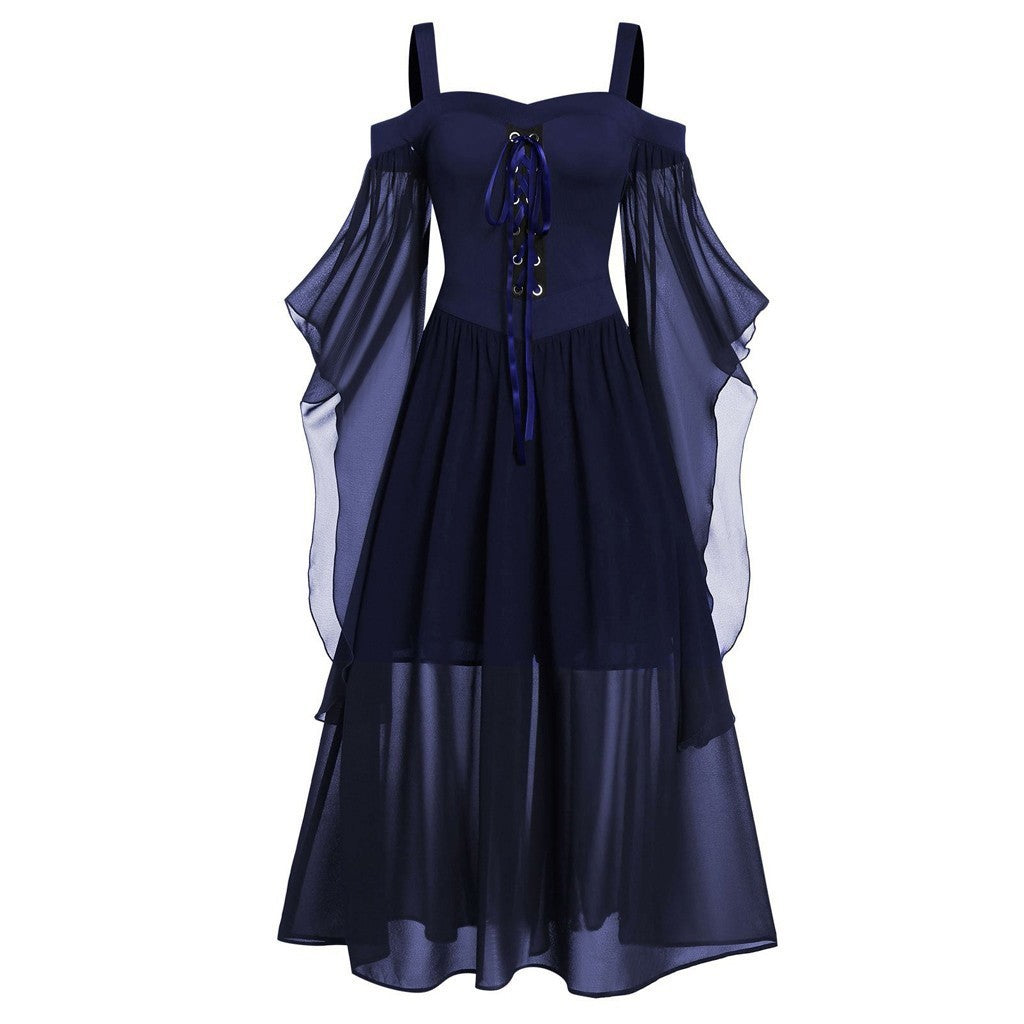 Bodice Dress, Bat Sleeves, Lace Up Front Straps Blue and Purple