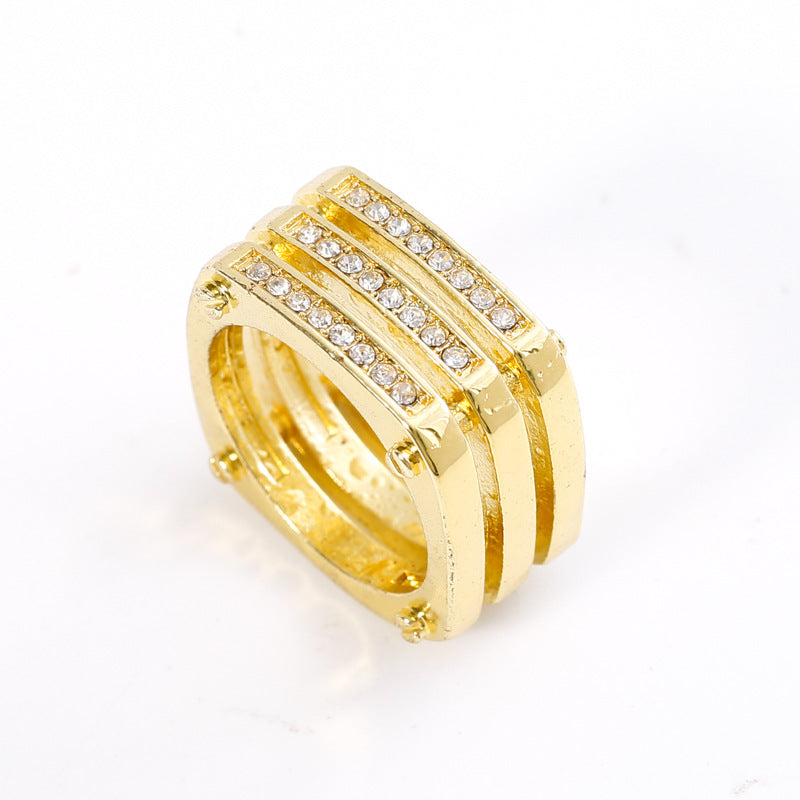 Gold Three-row Diamond Hollow Geometric Ring