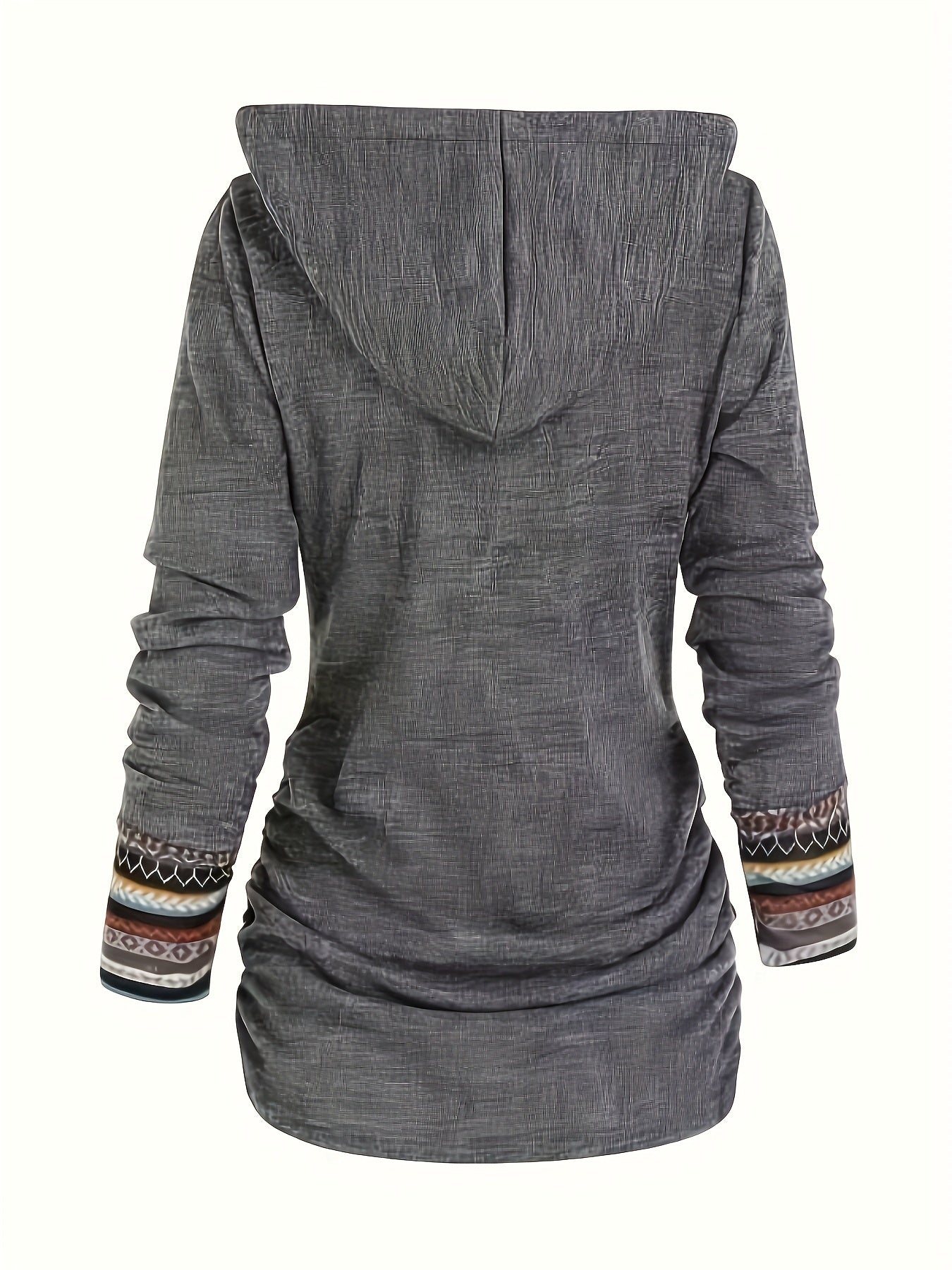Gray long-sleeve hoodie with a textured pattern, made from polyester and perfect for a casual look, featuring multicolored geometric designs on the cuffs. View from the back.

Plus Size Retro Top, Women's Plus Colorblock Geometric Print Hooded Long Sleeve Button Decor Slim Fit Slight Stretch Top by Maramalive™.