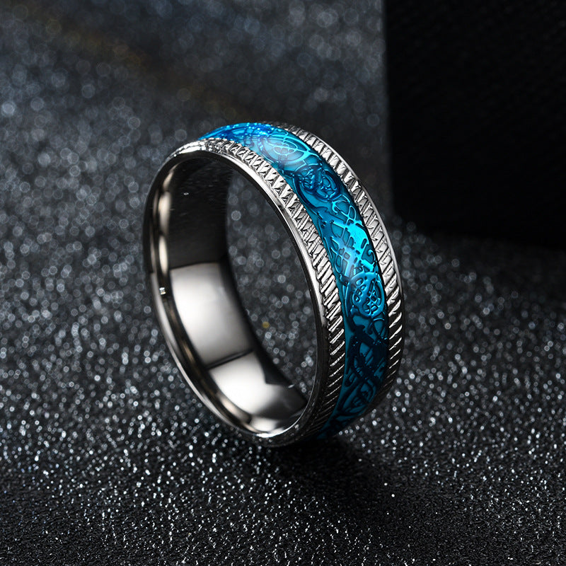 Two Stainless Steel Dragon Rings - 8mm Men's with blue and black designs by Maramalive™.